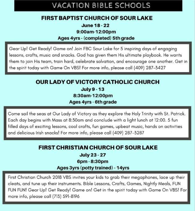VBS Sour Lake, VBS First Baptist Church Sour Lake, VBS Our Lady of Victory Sour Lake, VBS FCC Sour Lake, VBS First Christian Church Sour Lake,
